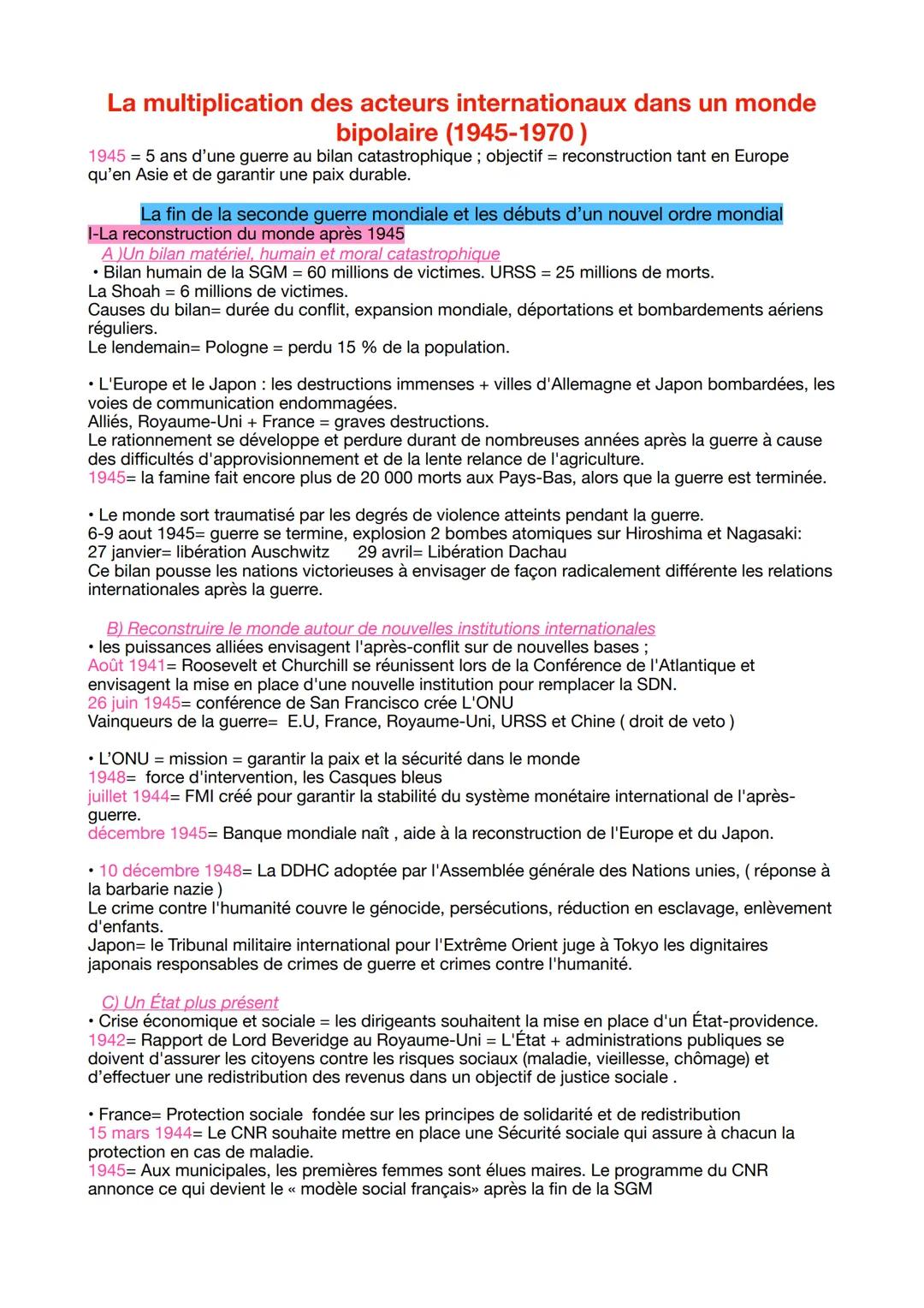 La multiplication des acteurs internationaux dans un monde
bipolaire (1945-1970)
1945 = 5 ans d'une guerre au bilan catastrophique; objectif