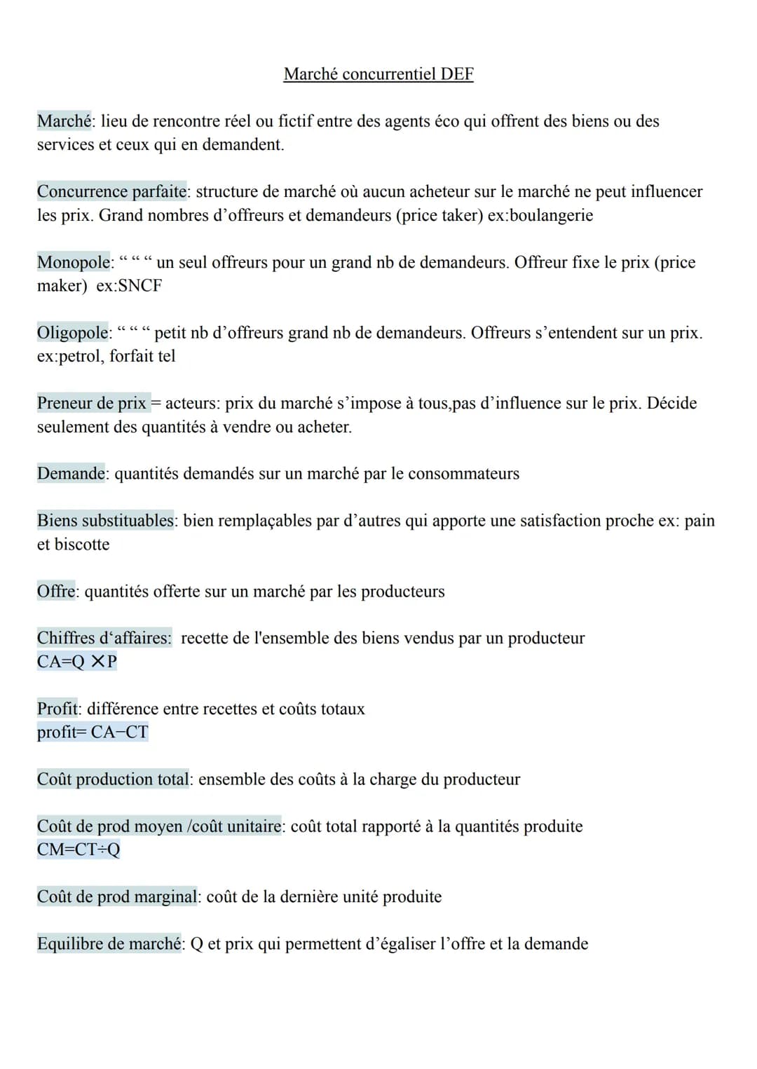 Marché concurrentiel DEF
Marché: lieu de rencontre réel ou fictif entre des agents éco qui offrent des biens ou des
services et ceux qui en 