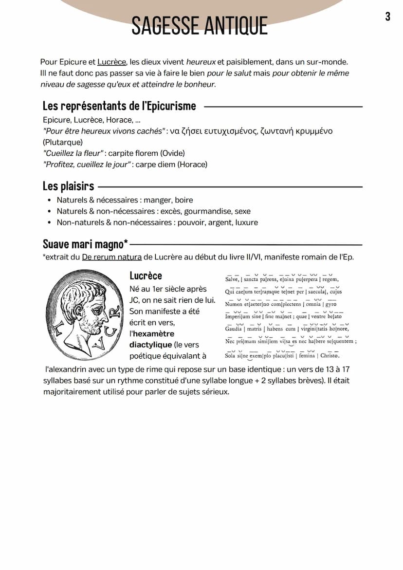 SAGESSE ANTIQUE
Lucrèce, De rerum natura, l'ataraxie
Qu'est-ce que le bonheur, est-il accessible, comment ?
Ataraxie = quiétude absolue de l