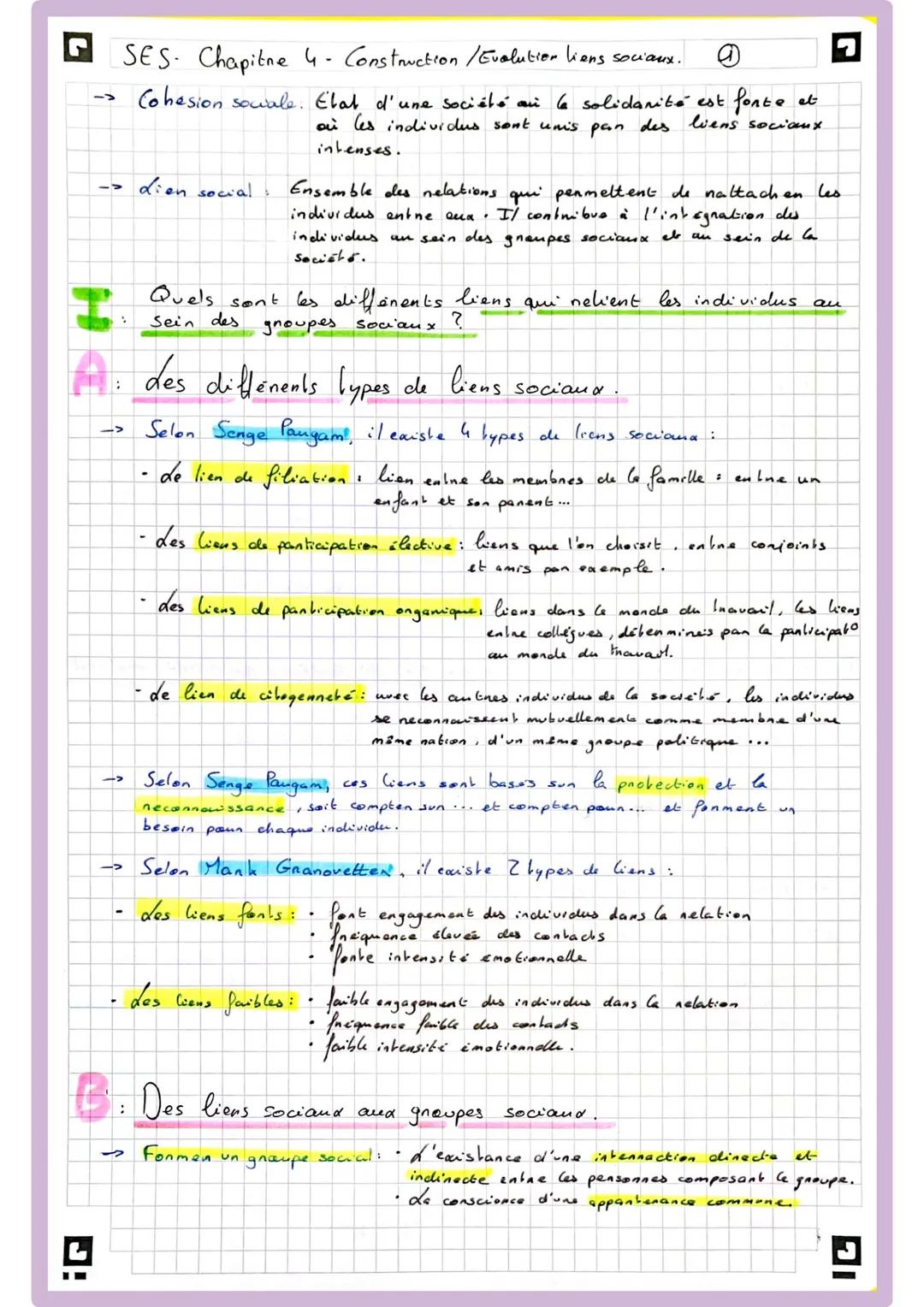 SES. Chapitne 4- Construction / Evolution liens sociaux.
→Cohesion sowale. Elat d'une société au la solidarité est fonte et
où les individus