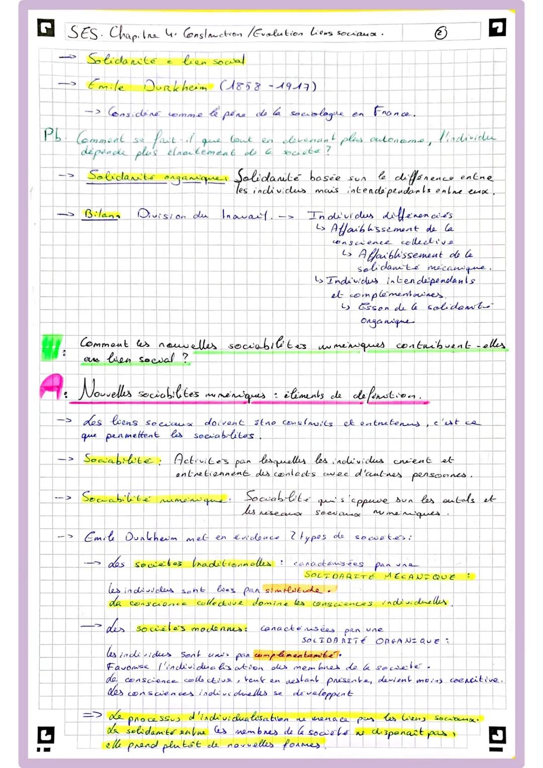 SES. Chapitne 4- Construction / Evolution liens sociaux.
→Cohesion sowale. Elat d'une société au la solidarité est fonte et
où les individus