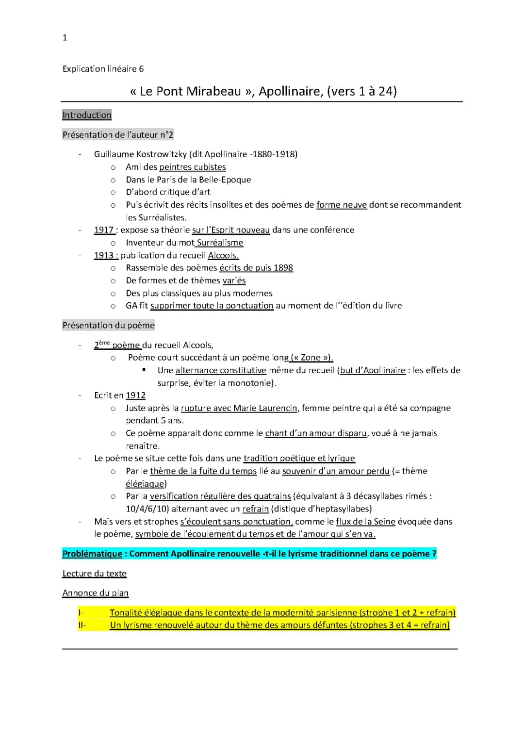 Analyse Linéaire du Pont Mirabeau : PDF, Collège, 4ème, Texte et Rimes