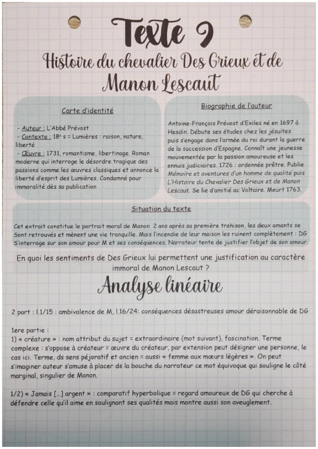 Texte ?
Histoire du chevalier Des Grieux et de
Manon Lescaut
Carte d'identité
Auteur: L'Abbé Prévost
- Contexte 18 s = Lumières: raison, nat
