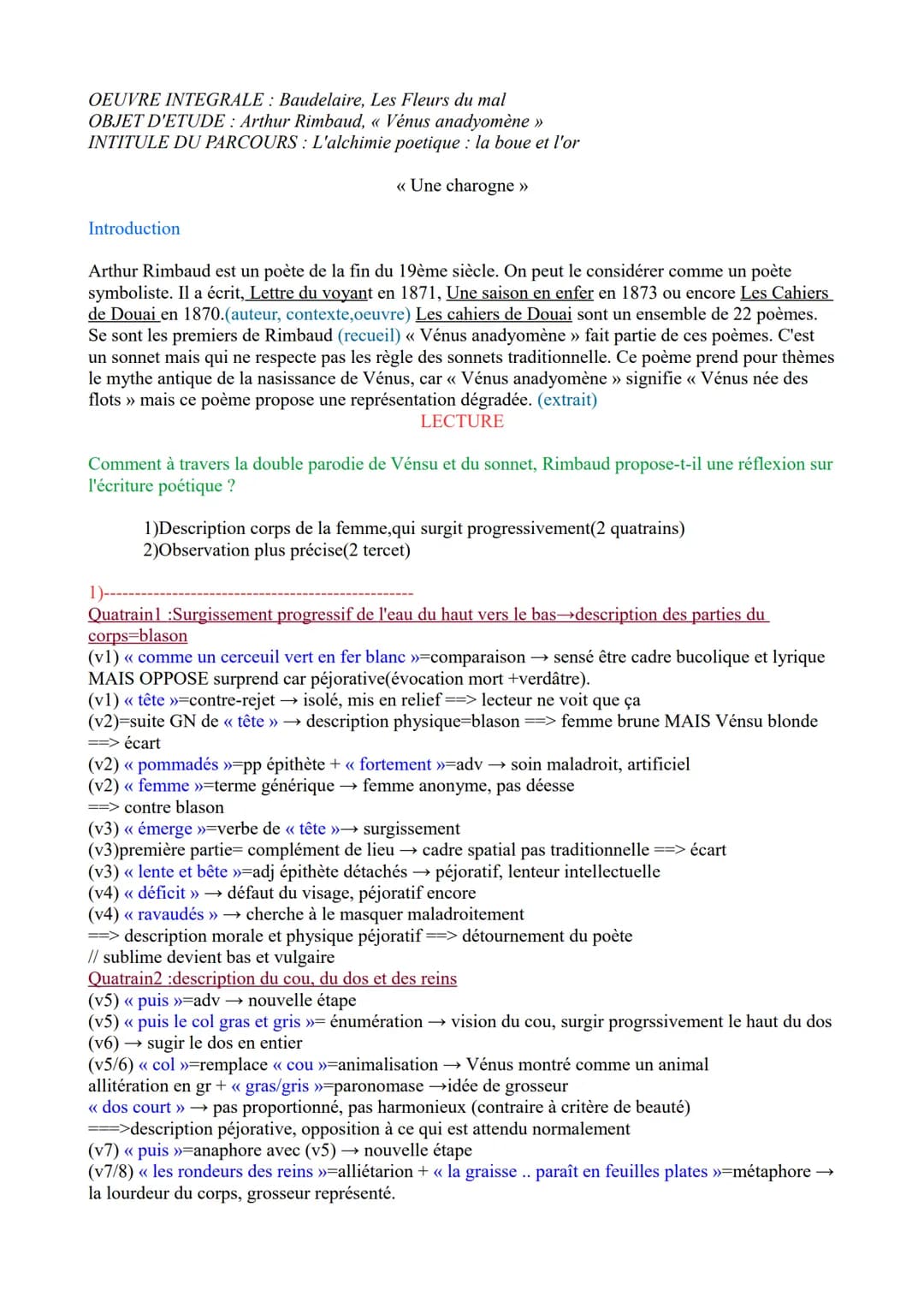 OEUVRE INTEGRALE: Baudelaire, Les Fleurs du mal
OBJET D'ETUDE: Arthur Rimbaud, « Vénus anadyomène »>
INTITULE DU PARCOURS : L'alchimie poeti