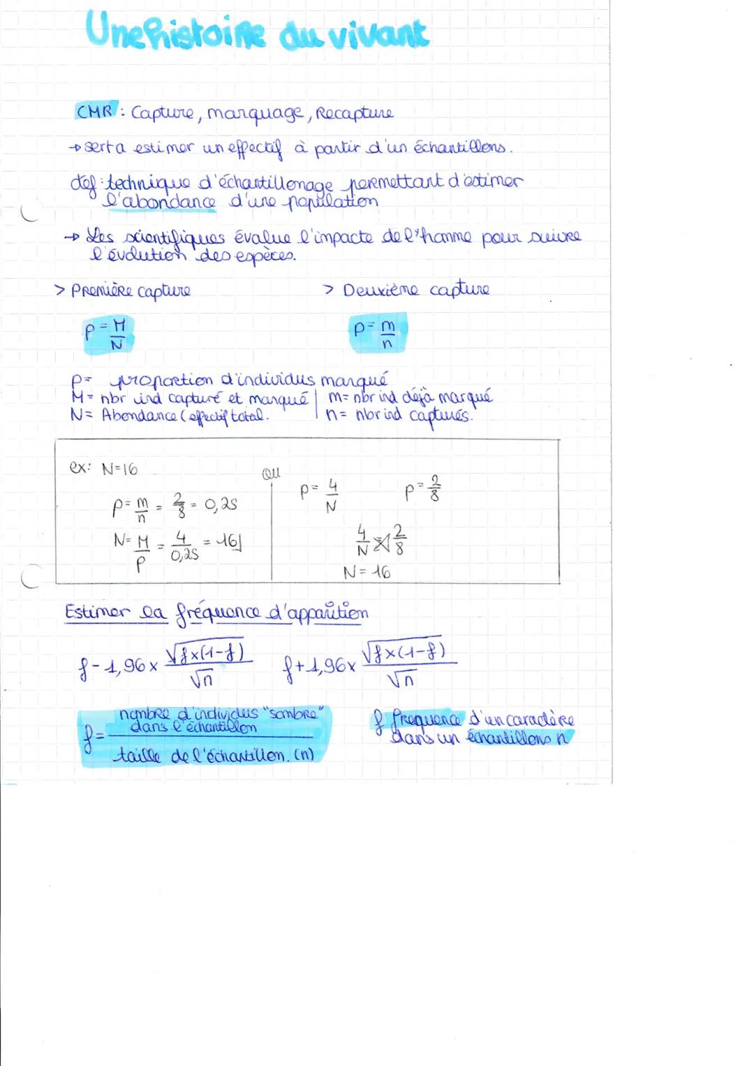 Une histoire du vivant
CMR: Capture, marquage, Recapture
→sert a estimer un effectif à partir d'un échantillons.
def technique d'échantillon