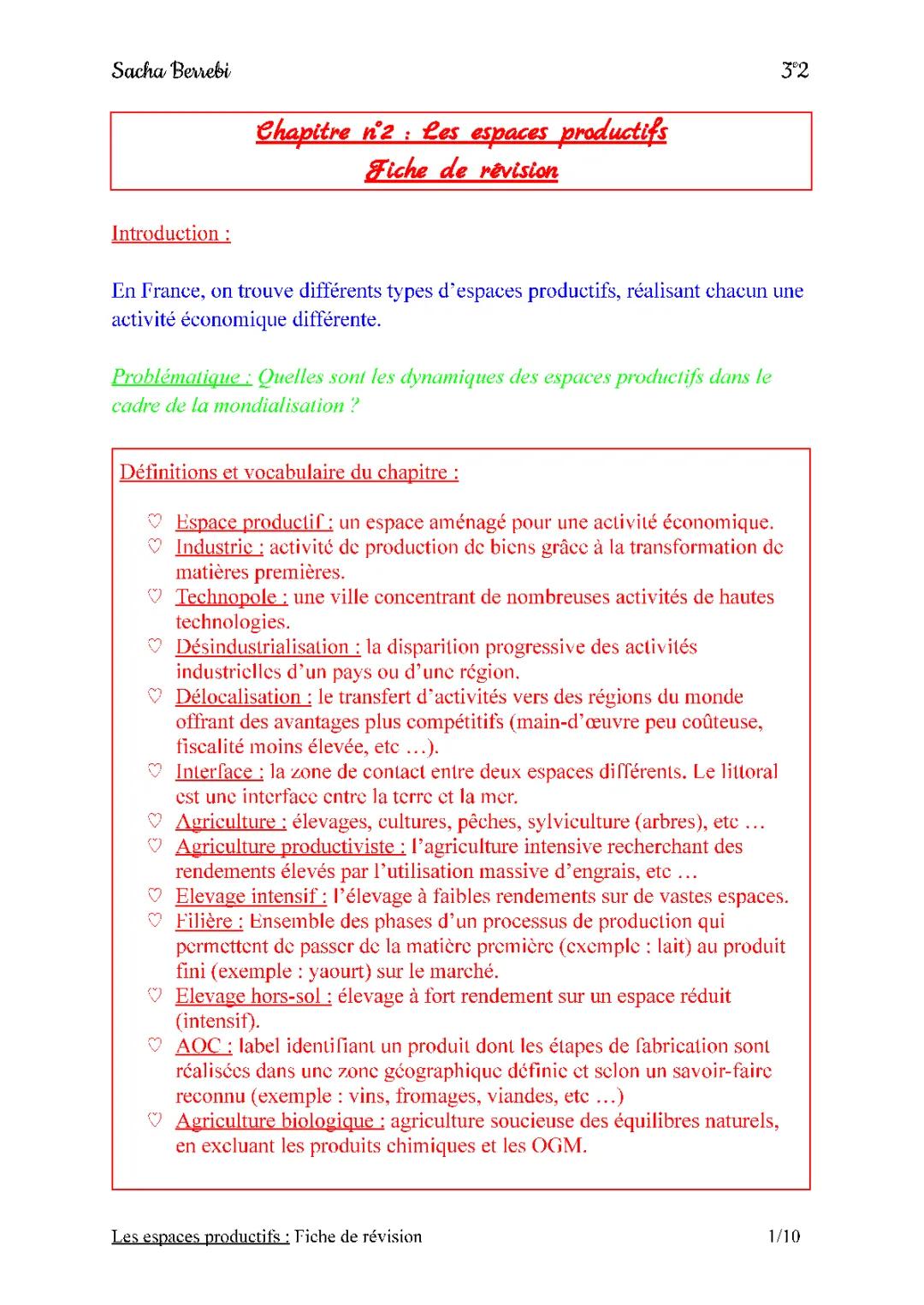 Fiche de Révision Les Espaces Productifs 3ème - PDF, Évaluations et Corrigés