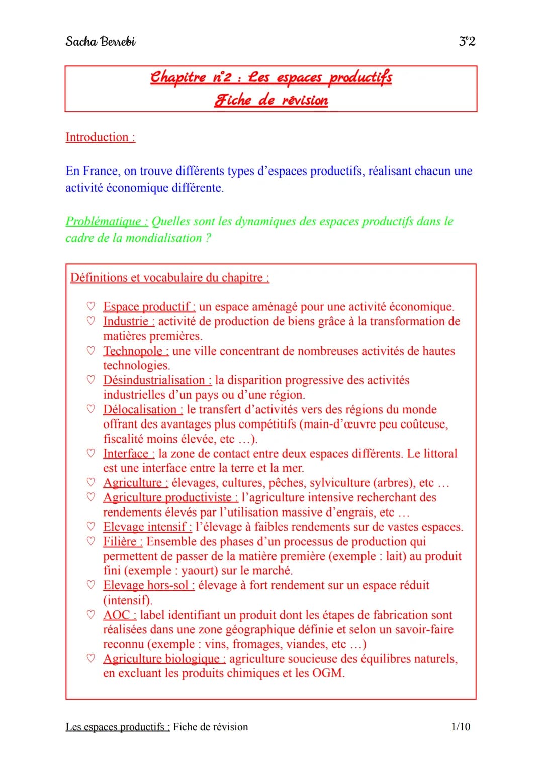 Sacha Berrebi
Introduction:
Chapitre n°2 : Les espaces productifs
Fiche de révision
En France, on trouve différents types d'espaces producti