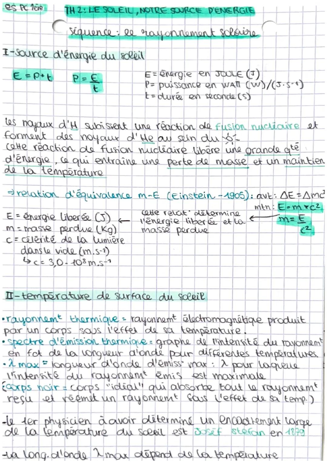 es PC leie
TH 2: LE SOLEIL, NOTRE SOURCE D'ENERGIE

séquence: le rayonnement sclaire

I-source d'énergie du soleil

E=p+t

P=E
t

E= energie