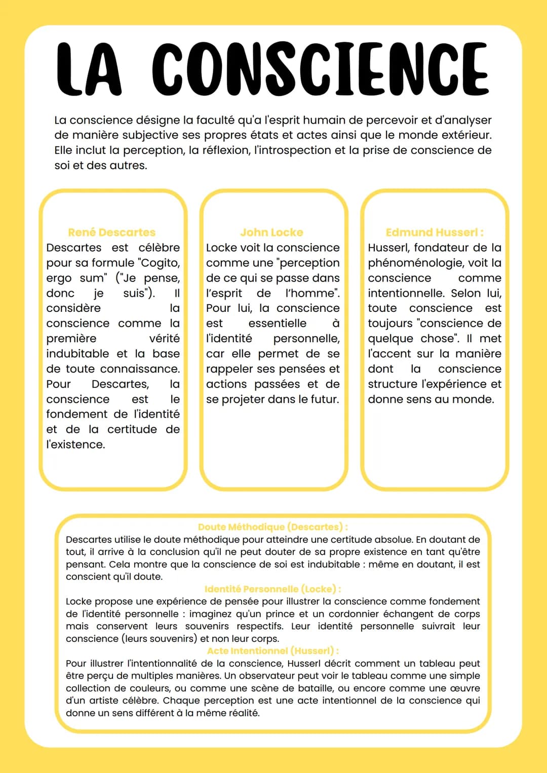 LA
CONSCIENCE
La conscience désigne la faculté qu'a l'esprit humain de percevoir et d'analyser
de manière subjective ses propres états et ac