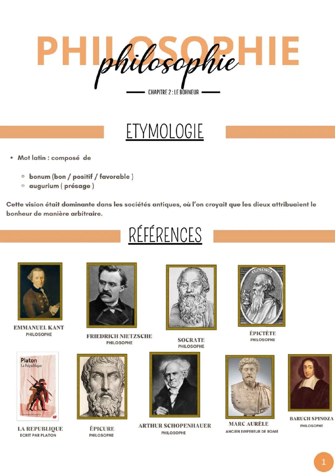 --- OCR Start ---
PHIphilosophie HIE
CHAPITRE 2: LE BOHNEUR
ETYMOLOGIE
Mot latin: composé de
• bonum (bon/positif / favorable)
• augurium (p