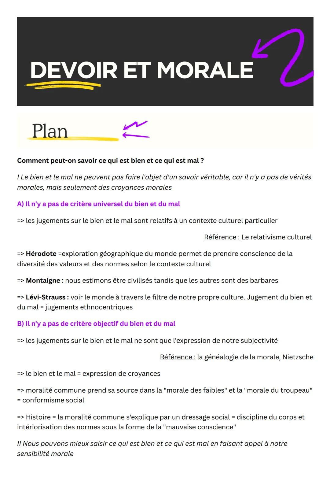 DEVOIR ET MORALE

Plan

Comment peut-on savoir ce qui est bien et ce qui est mal ?

I Le bien et le mal ne peuvent pas faire l'objet d'un sa