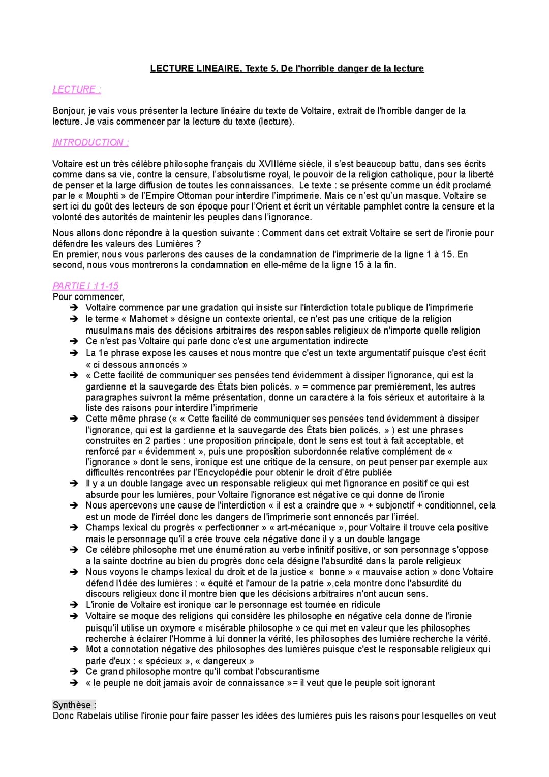 Analyse linéaire de 'De l'horrible danger de la lecture' de Voltaire - Texte et résumé