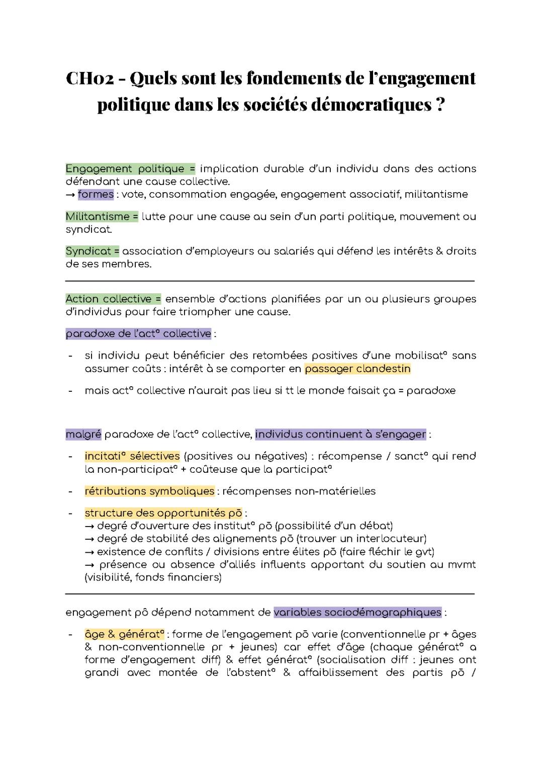 Comment expliquer l'engagement politique dans les sociétés démocratiques - Fiche SES et Exemples