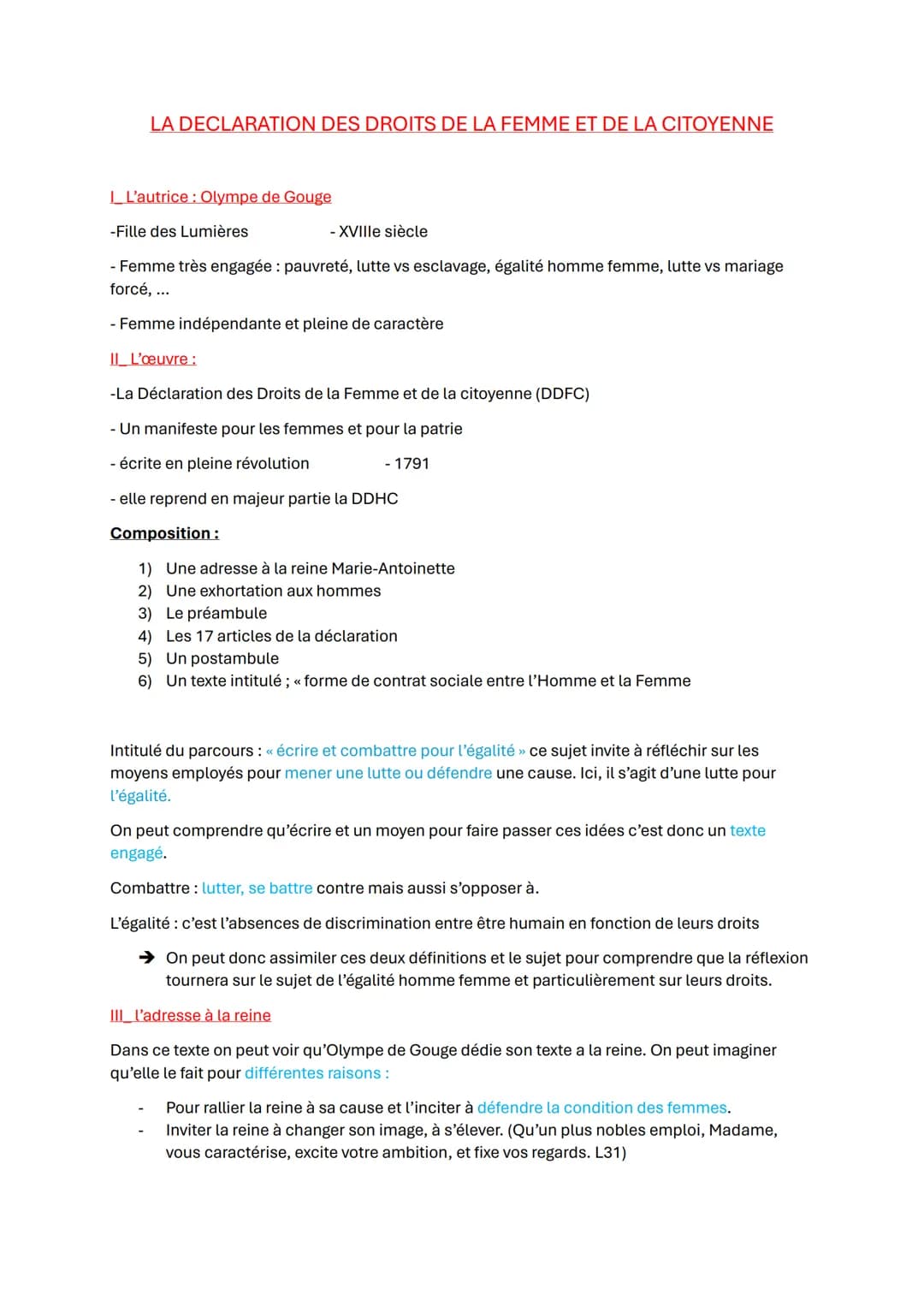 LA DECLARATION DES DROITS DE LA FEMME ET DE LA CITOYENNE
L'autrice Olympe de Gouge
-Fille des Lumières
-XVIIIe siècle
- Femme très engagée: 