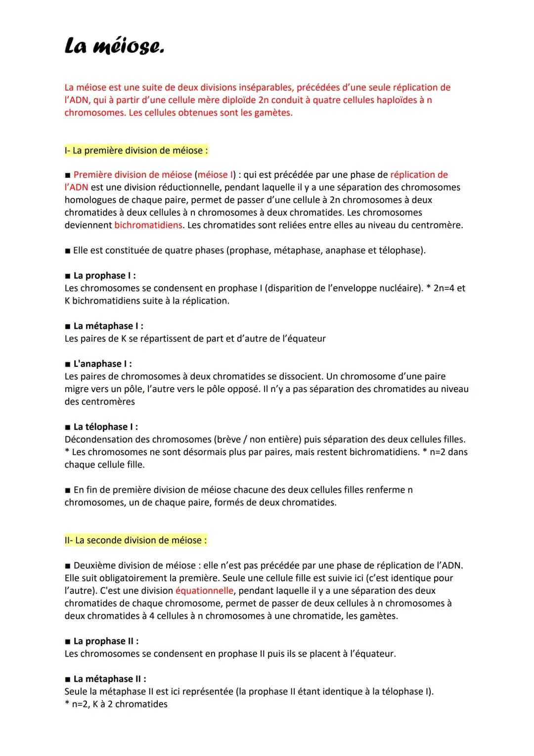 La méiose.
La méiose est une suite de deux divisions inséparables, précédées d'une seule réplication de
l'ADN, qui à partir d'une cellule mè