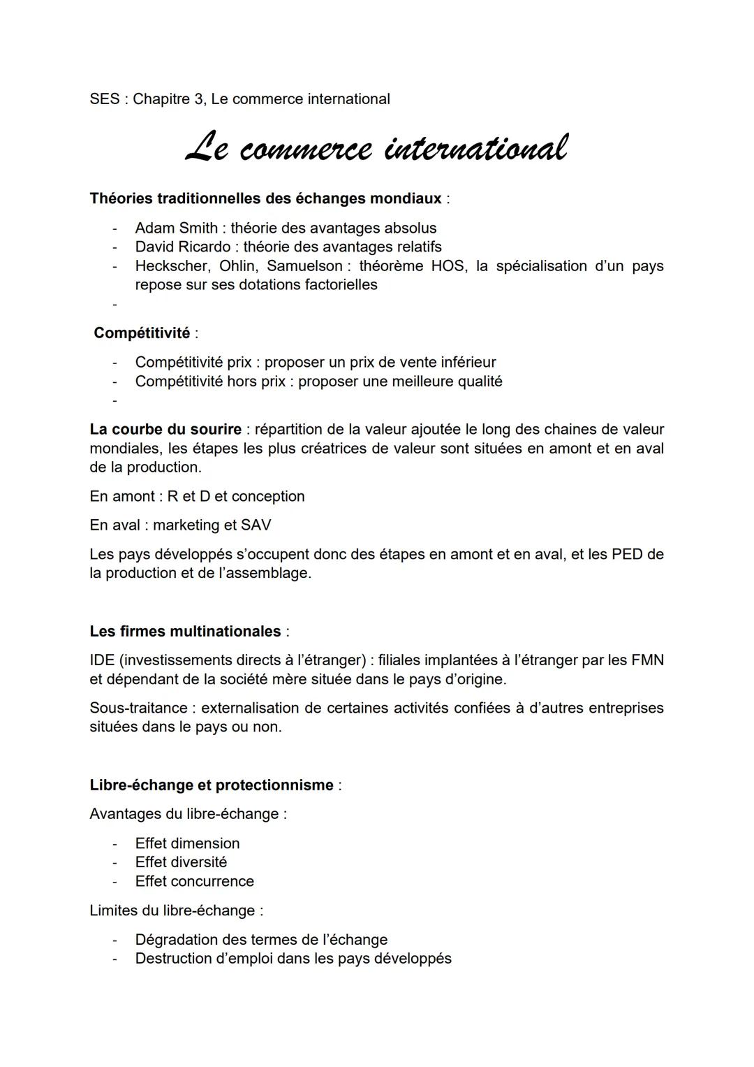 SES: Chapitre 3, Le commerce international
Le commerce international
Théories traditionnelles des échanges mondiaux :
Adam Smith: théorie de