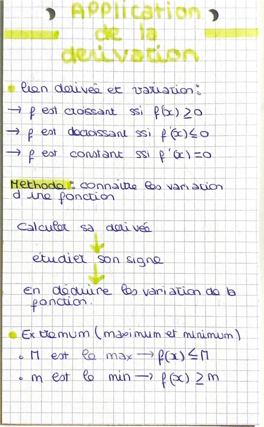 - Application,
de la
derivation
- lien derivée et variation:
$
\rightarrow f \text{ est croissant ssi } f(x) \geq 0
$
$
\rightarrow f \text{