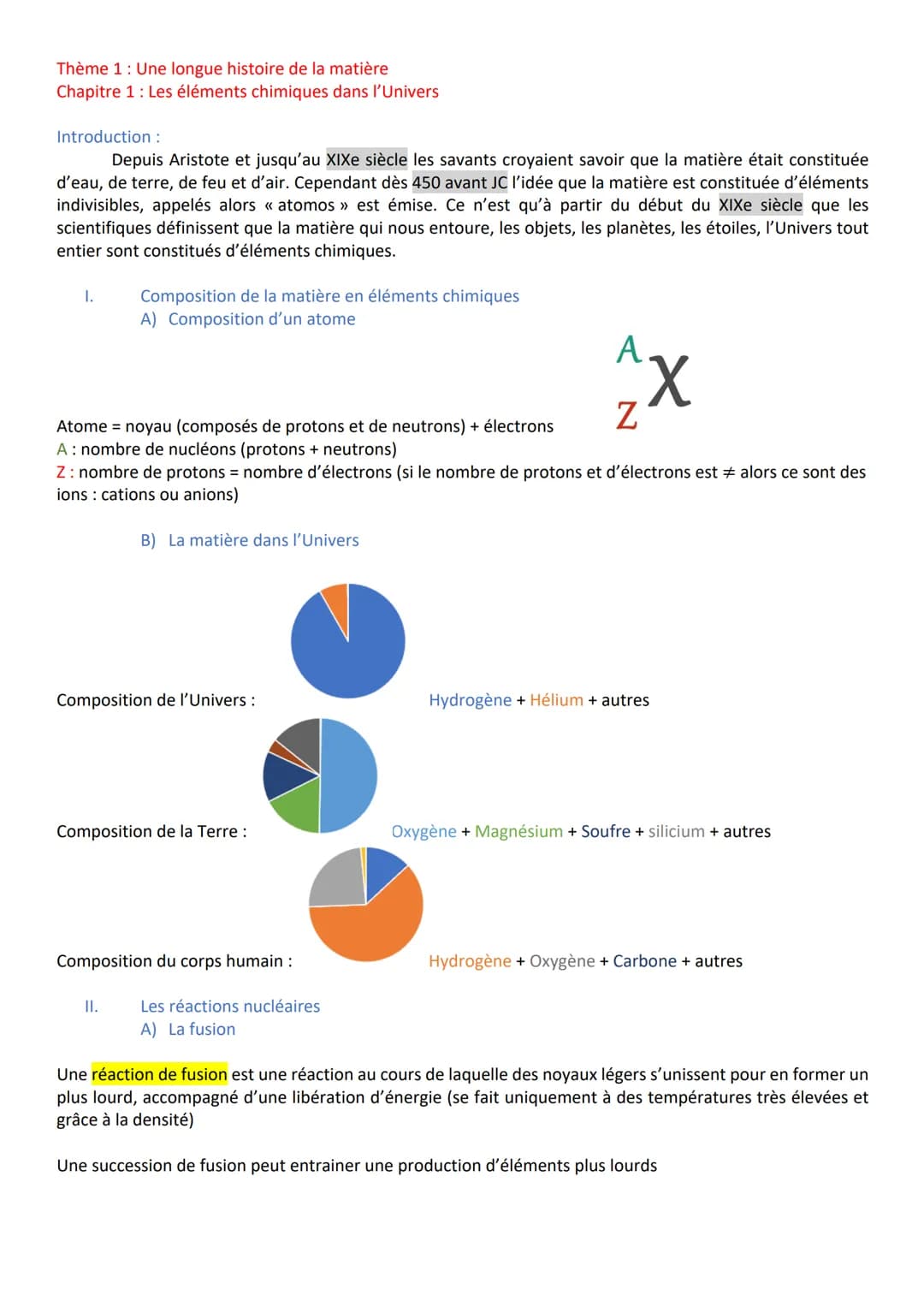 Thème 1: Une longue histoire de la matière
Chapitre 1 : Les éléments chimiques dans l'Univers
Introduction :
Depuis Aristote et jusqu'au XIX