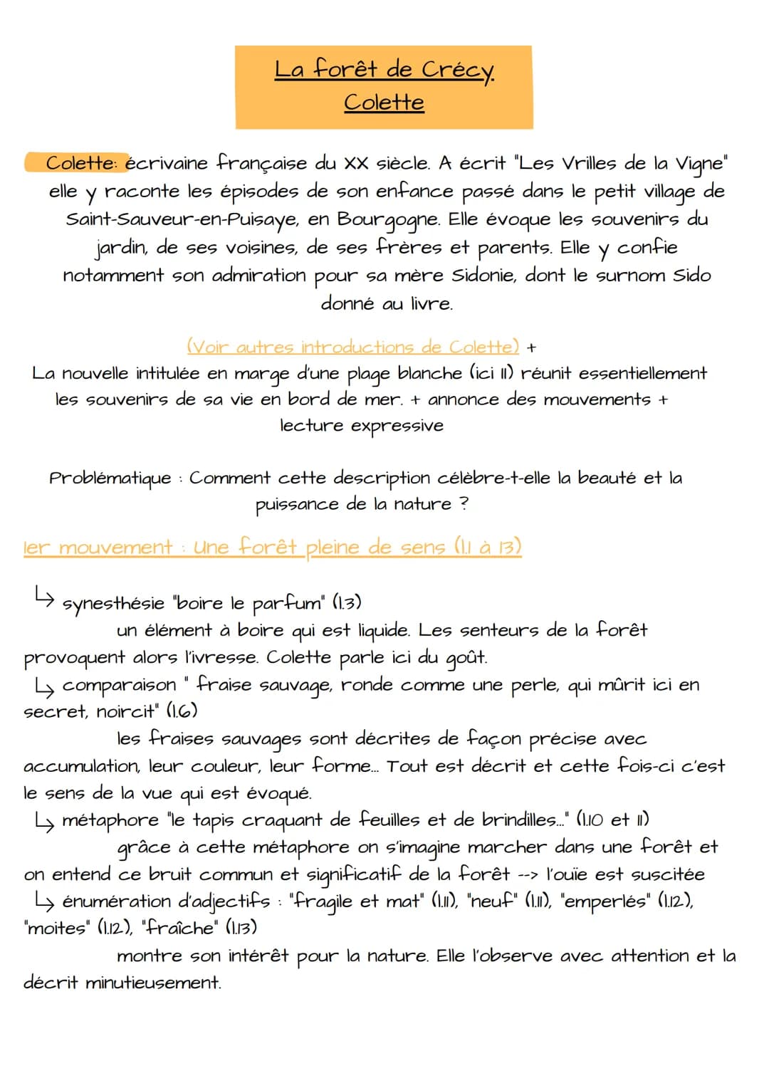 La forêt de Crécy.
Colette
elle
Y
Colette: écrivaine française du XX siècle. A écrit "Les Vrilles de la Vigne"
raconte les épisodes de son e