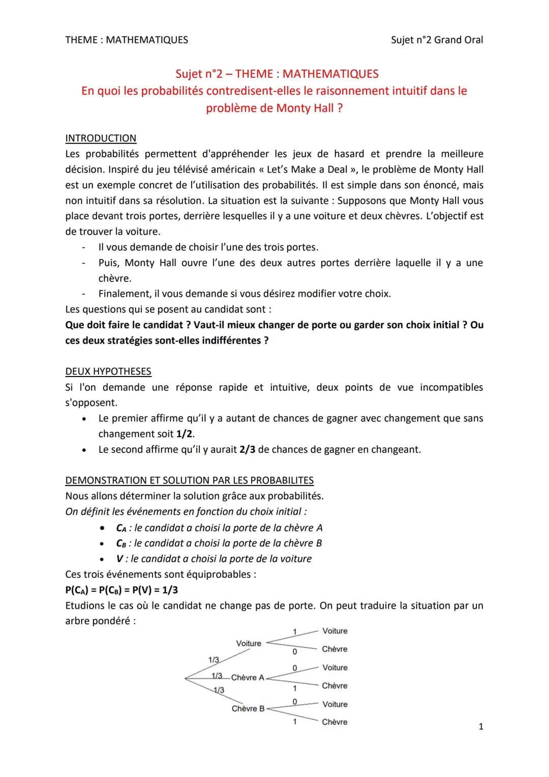 sujet grand oral - le problème de monty hall