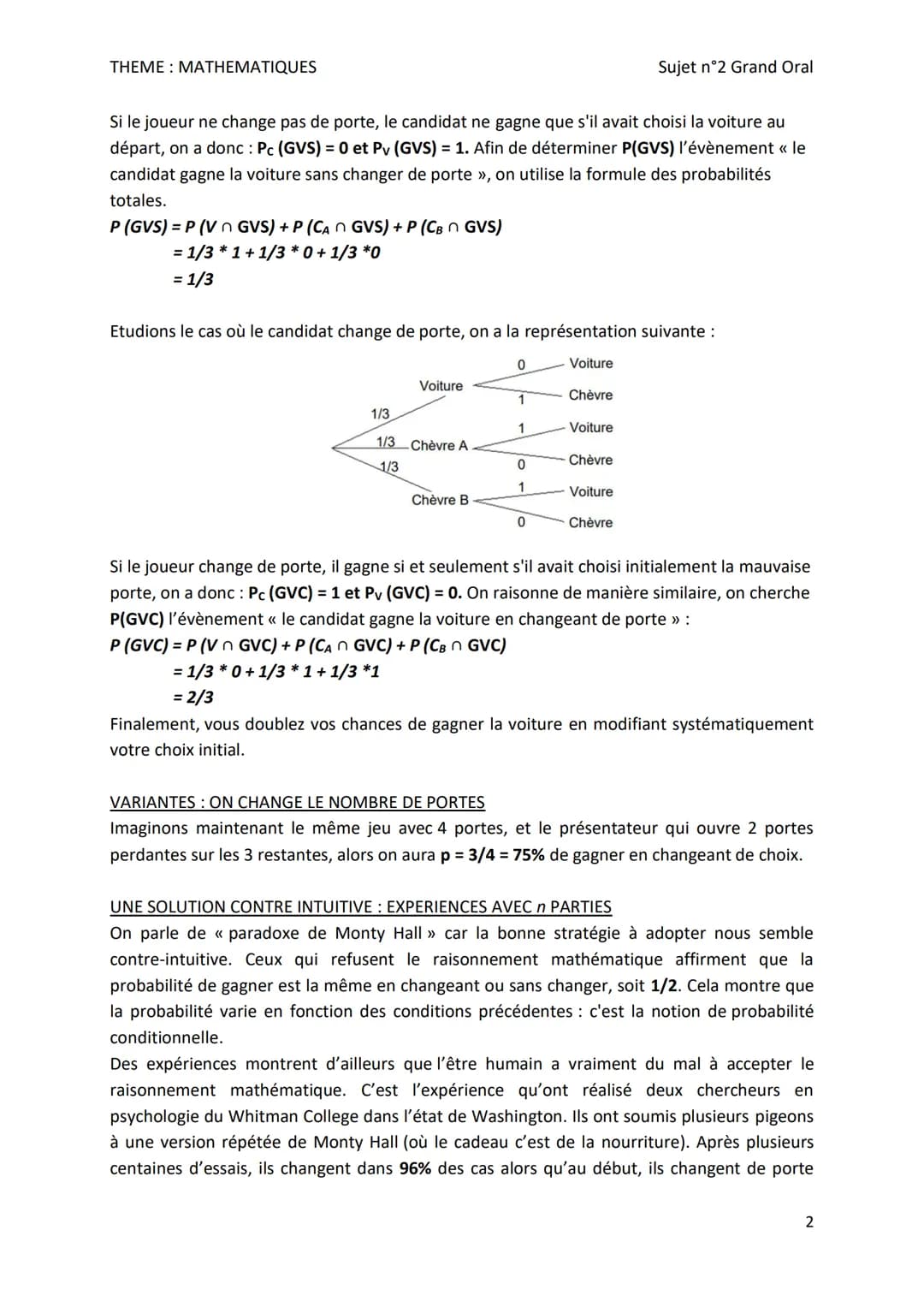 THEME: MATHEMATIQUES
Sujet n°2 - THEME: MATHEMATIQUES
En quoi les probabilités contredisent-elles le raisonnement intuitif dans le
problème 
