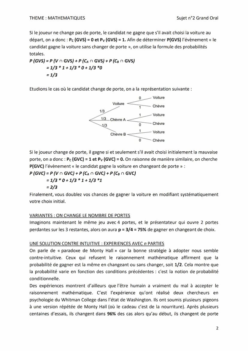 THEME: MATHEMATIQUES
Sujet n°2 - THEME: MATHEMATIQUES
En quoi les probabilités contredisent-elles le raisonnement intuitif dans le
problème 