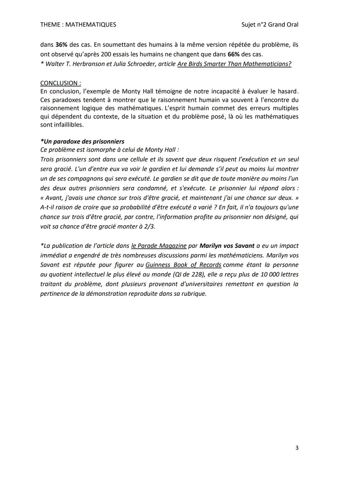 THEME: MATHEMATIQUES
Sujet n°2 - THEME: MATHEMATIQUES
En quoi les probabilités contredisent-elles le raisonnement intuitif dans le
problème 