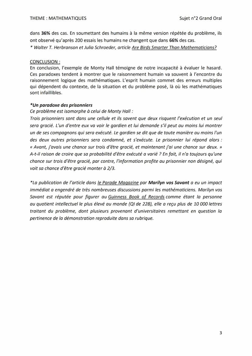 THEME: MATHEMATIQUES
Sujet n°2 - THEME: MATHEMATIQUES
En quoi les probabilités contredisent-elles le raisonnement intuitif dans le
problème 