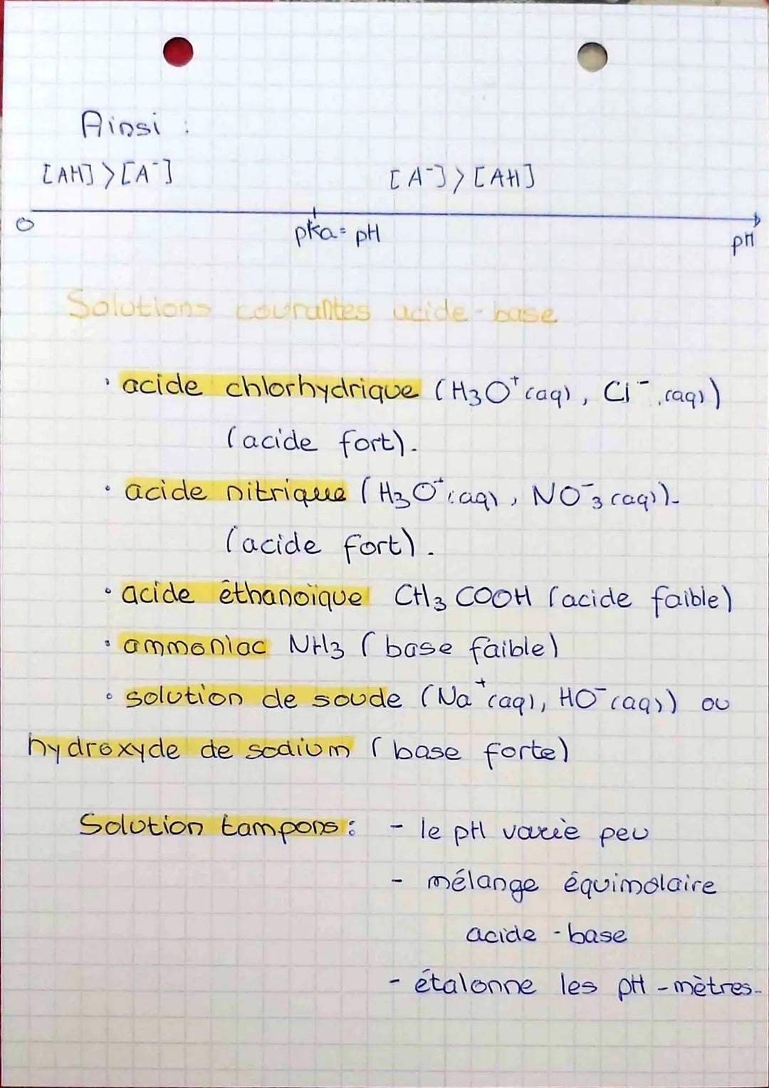 Les équilibres acide-base

Constante d'acidité du couple AH/A=

constante d'équilibre de la réaction de
l'acide avec l'eau:
Ka= [AJeq [HO]'e