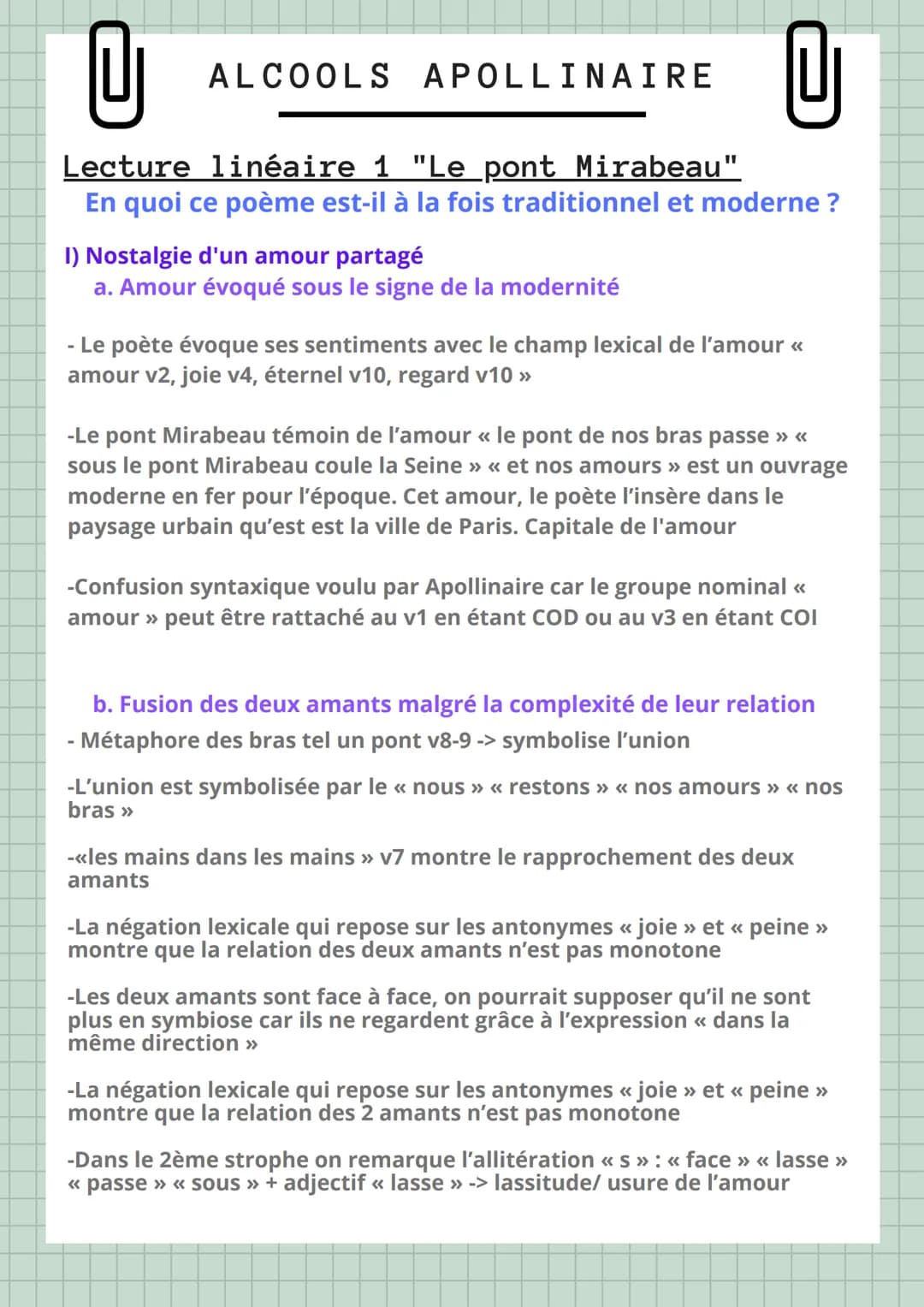 U
Lecture linéaire 1 "Le pont Mirabeau".
En quoi ce poème est-il à la fois traditionnel et moderne ?
ALCOOLS APOLLINAIRE
Sous le pont Mirabe