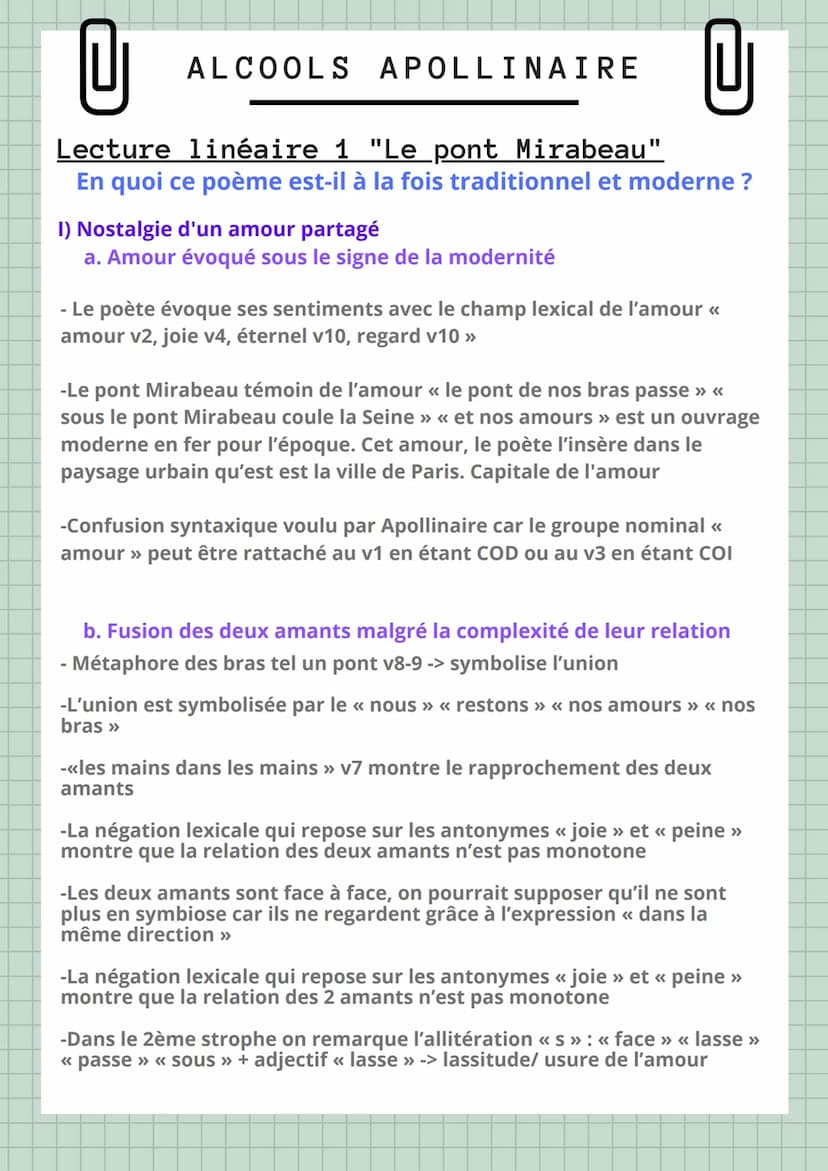 U
Lecture linéaire 1 "Le pont Mirabeau".
En quoi ce poème est-il à la fois traditionnel et moderne ?
ALCOOLS APOLLINAIRE
Sous le pont Mirabe