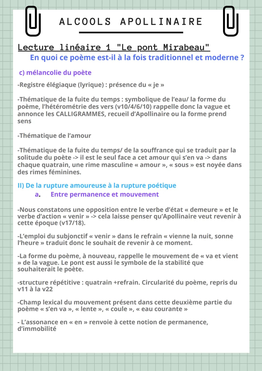 U
Lecture linéaire 1 "Le pont Mirabeau".
En quoi ce poème est-il à la fois traditionnel et moderne ?
ALCOOLS APOLLINAIRE
Sous le pont Mirabe