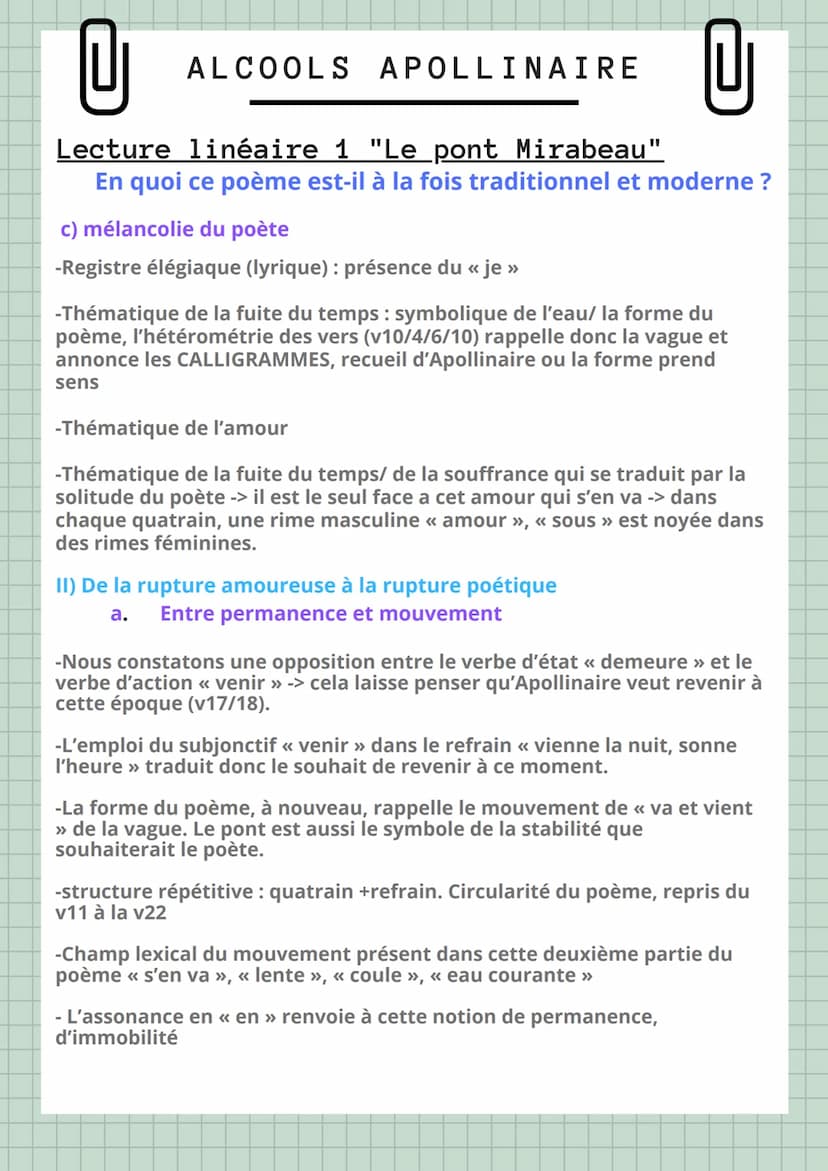 U
Lecture linéaire 1 "Le pont Mirabeau".
En quoi ce poème est-il à la fois traditionnel et moderne ?
ALCOOLS APOLLINAIRE
Sous le pont Mirabe
