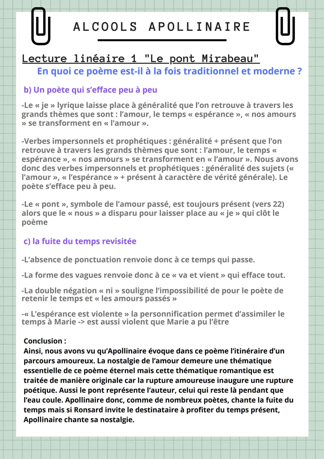 U
Lecture linéaire 1 "Le pont Mirabeau".
En quoi ce poème est-il à la fois traditionnel et moderne ?
ALCOOLS APOLLINAIRE
Sous le pont Mirabe