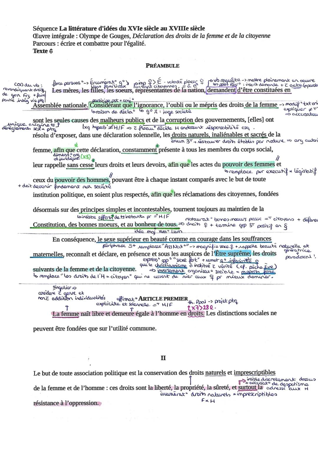 Analyse Linéaire PDF: Préambule et Postambule Olympe de Gouges