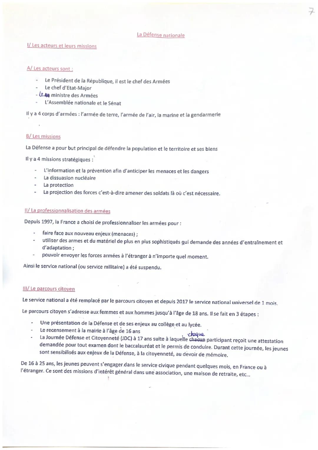 1/ Les acteurs et leurs missions

La Défense nationale

A/ Les acteurs sont:

- Le Président de la République, il est le chef des Armées
- L