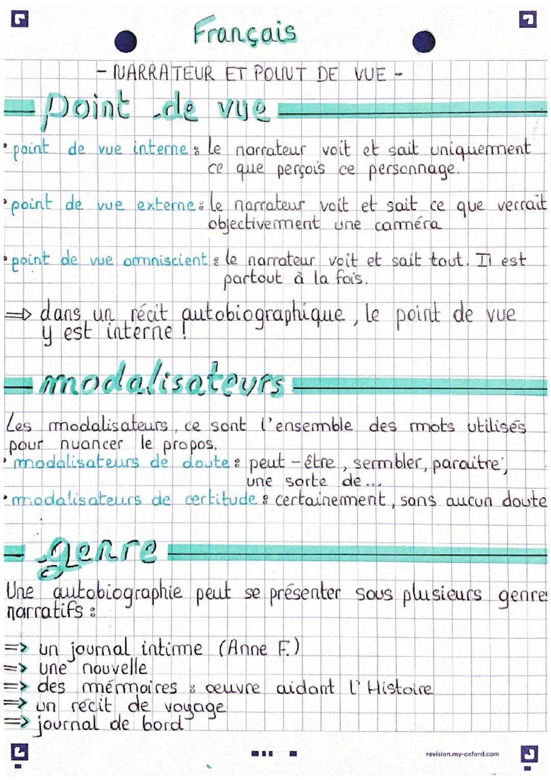 Français
- NARRATEUR ET POLINT DE VUE -
• point de vue
• point de vue interne : le narrateur voit et sait uniquement
ce que perçois ce perso