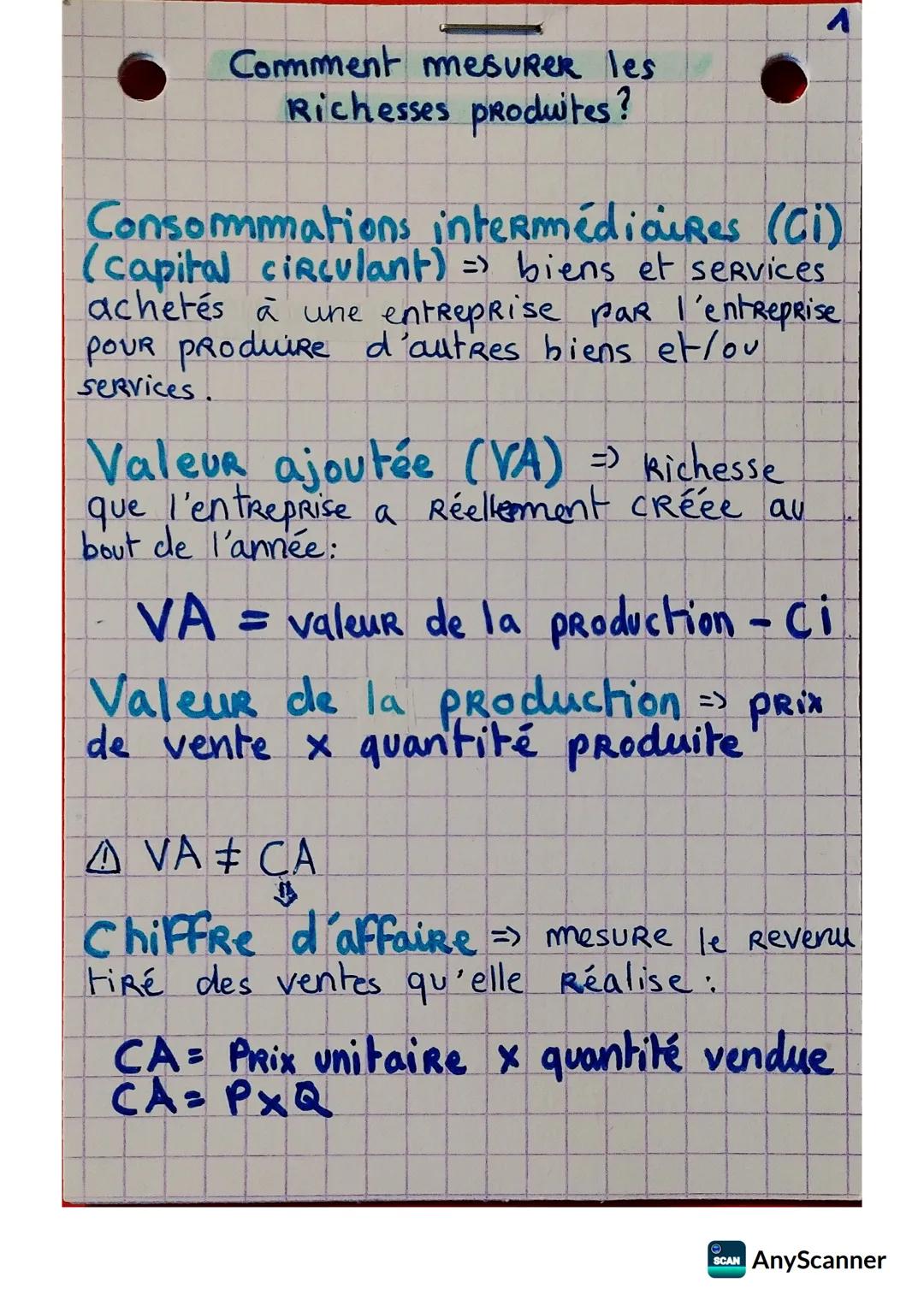 Comment mesurer les
Richesses produites?
A
Consommations intermédiaires (Ci)
(capital circulant) => biens et services
achetés à une entrepri
