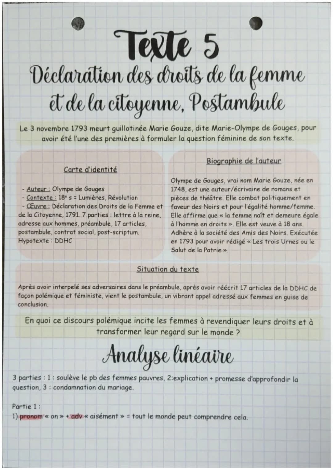 Texte 5
Déclaration des droits de la femme
et de la citoyenne, Postambule
Le 3 novembre 1793 meurt guillotinée Marie Gouze, dite Marie-Olymp