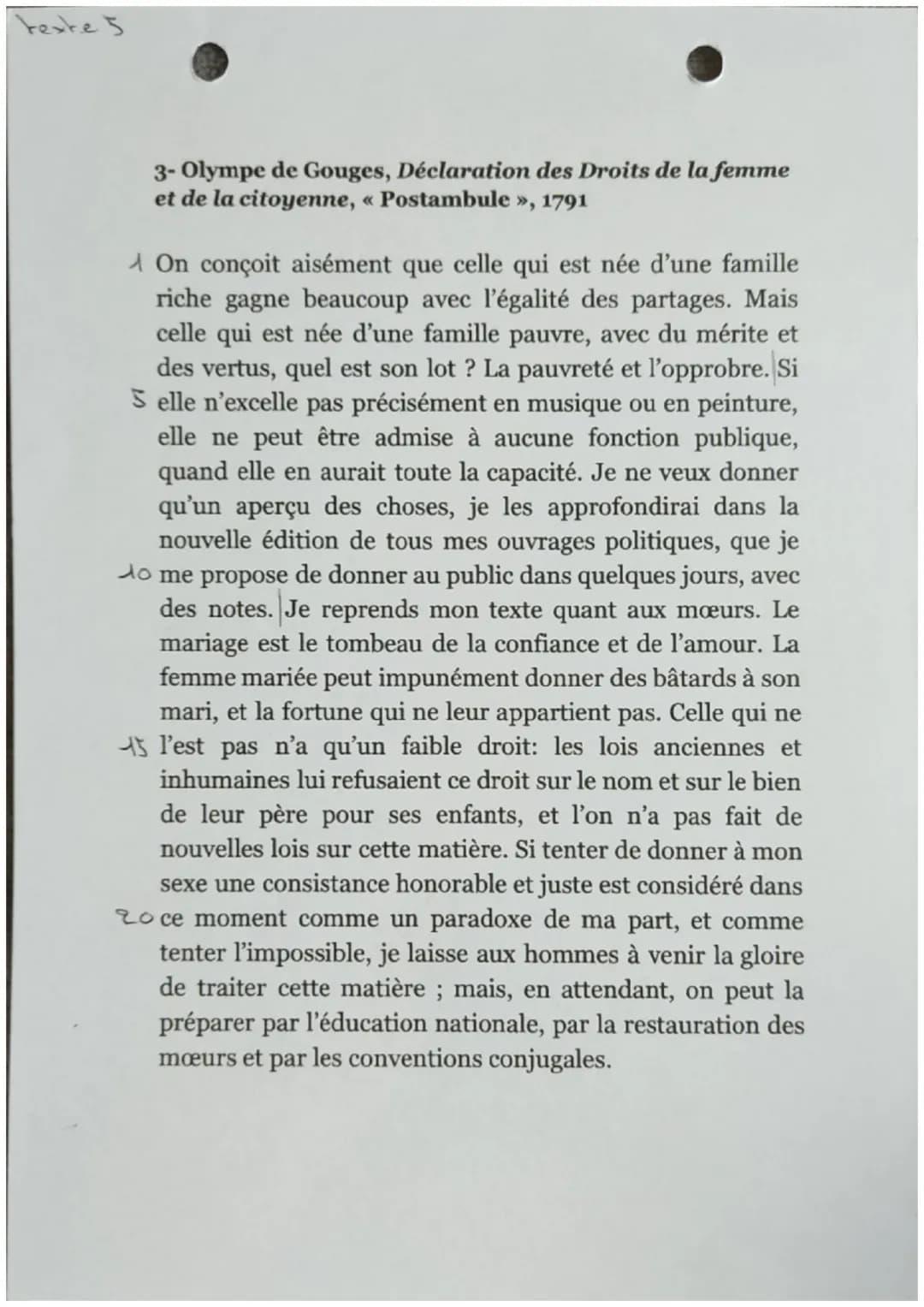 Texte 5
Déclaration des droits de la femme
et de la citoyenne, Postambule
Le 3 novembre 1793 meurt guillotinée Marie Gouze, dite Marie-Olymp