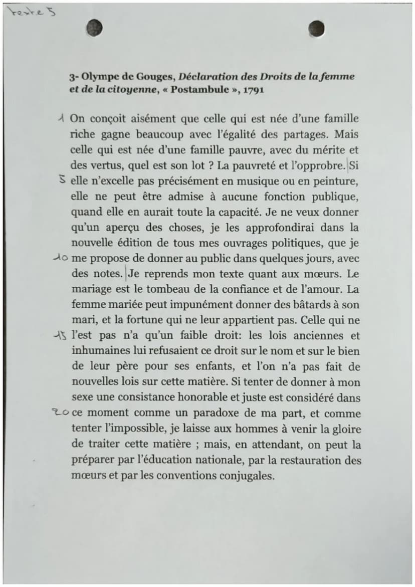 Texte 5
Déclaration des droits de la femme
et de la citoyenne, Postambule
Le 3 novembre 1793 meurt guillotinée Marie Gouze, dite Marie-Olymp