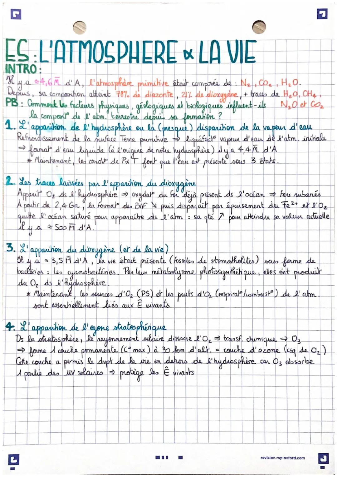 G
ES L'ATMOSPHERE & LA VIE
INTRO:
était
zl y a
24,6M d'A, l'atmosphère primitive
comprée de : N₂, CO₂, H₂O.
Depurs, sa composition atteint 7