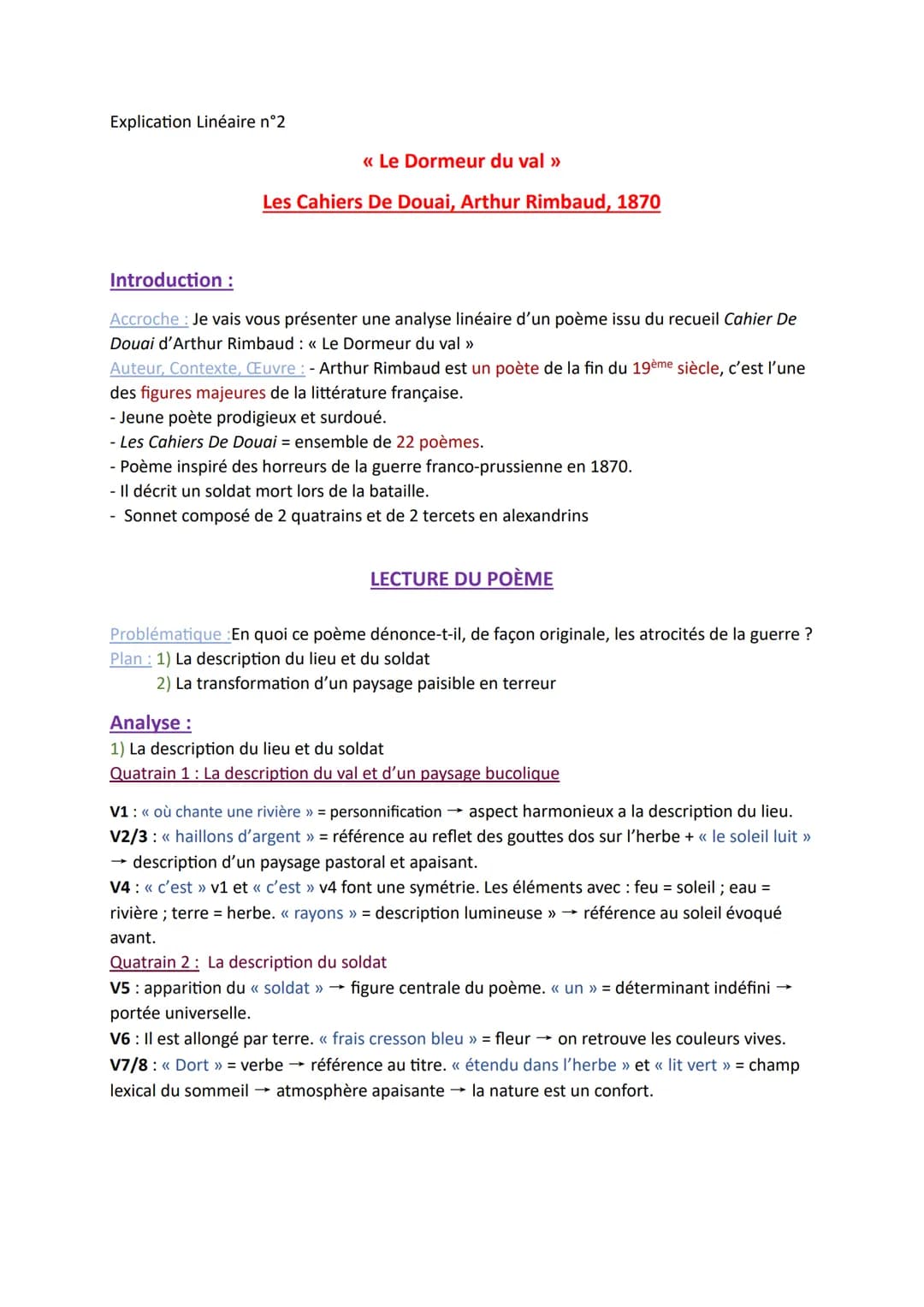 --- OCR Start ---
Explication Linéaire n°2
<<< Le Dormeur du val >>>
Les Cahiers De Douai, Arthur Rimbaud, 1870
Introduction :
Accroche: Je 