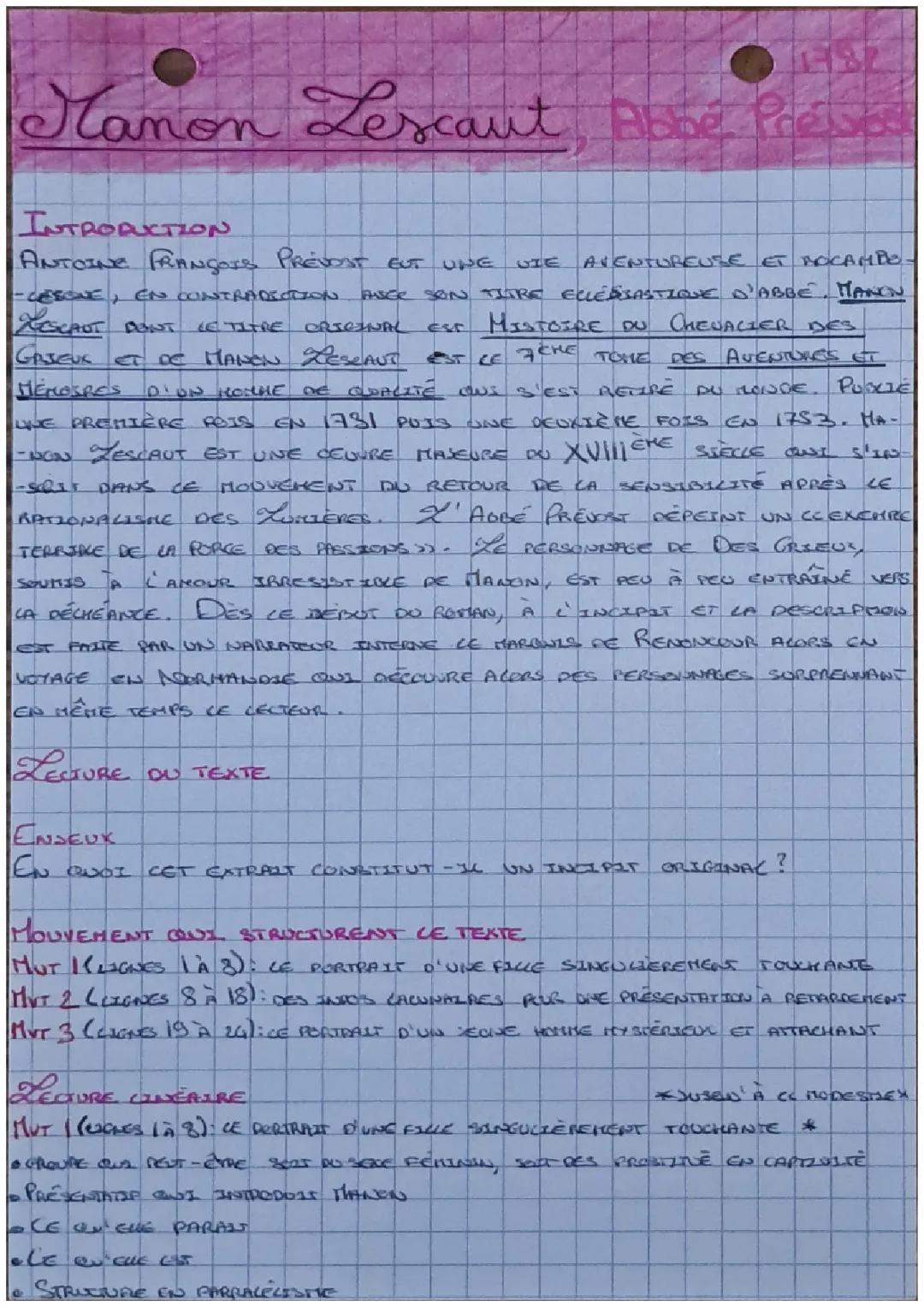 Manon Lescaut, Abbé Prevost, Incipit