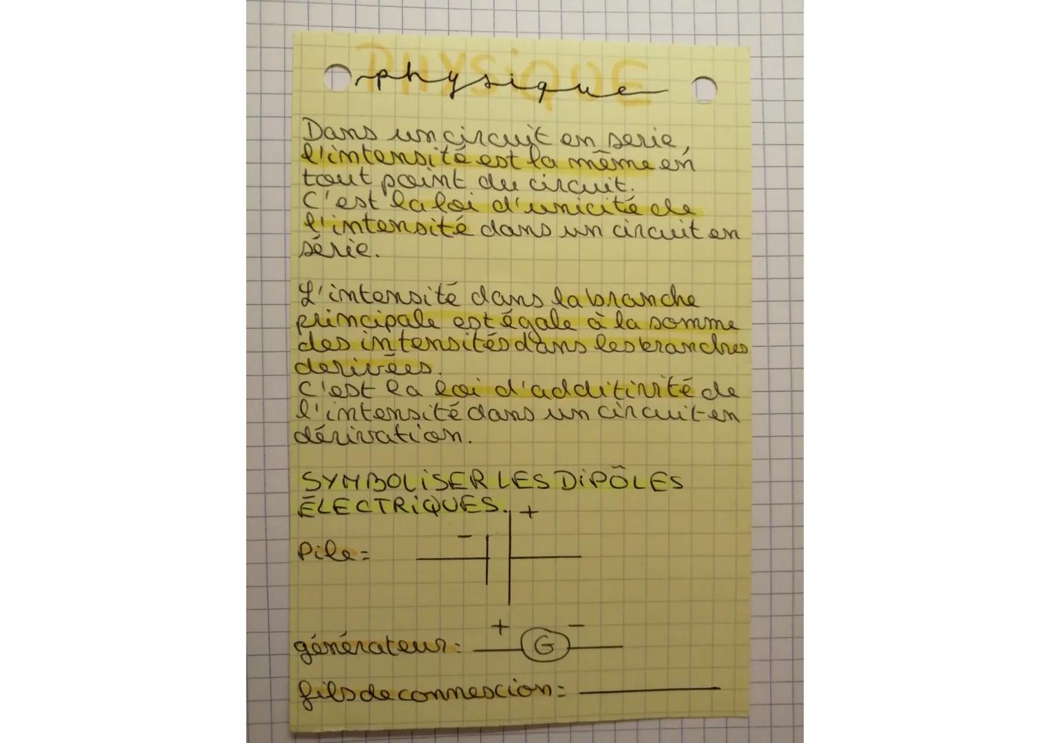 physique

Dans un circuit en serie
ll'intensité est la même en
tout point de circuit,
C'est la loi d'unicité de
l'intensité dans un circuit 