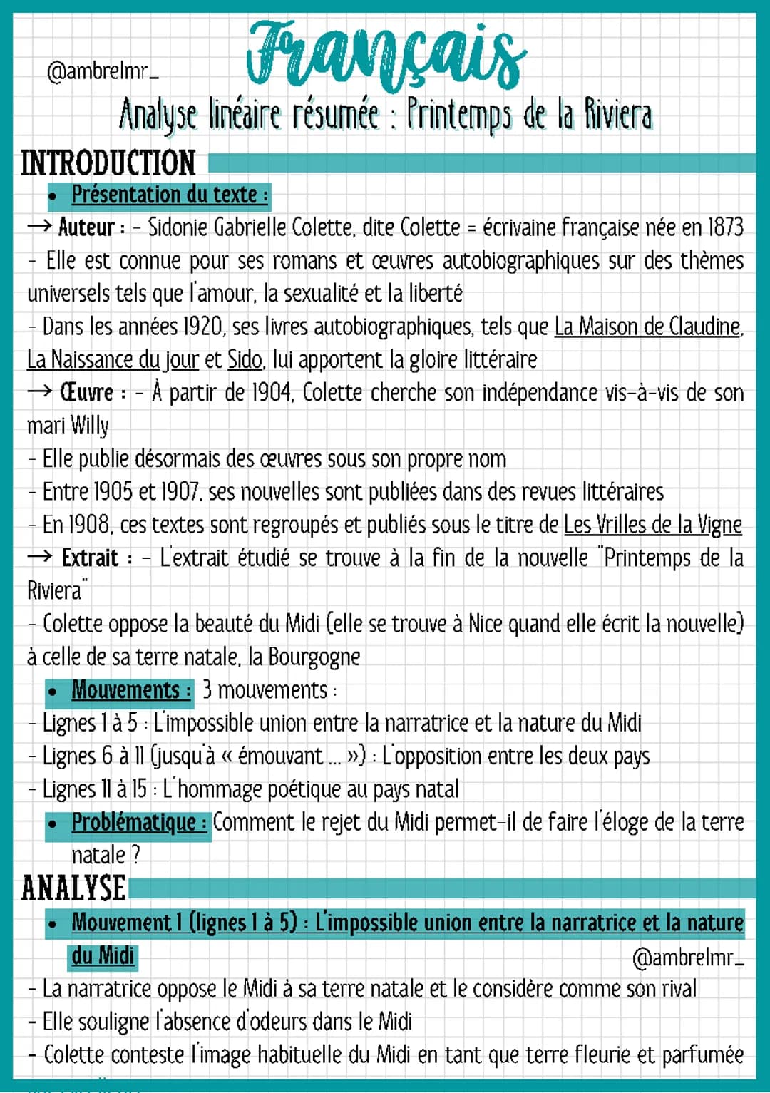 Printemps de la Riviera (analyse linéaire résumée)