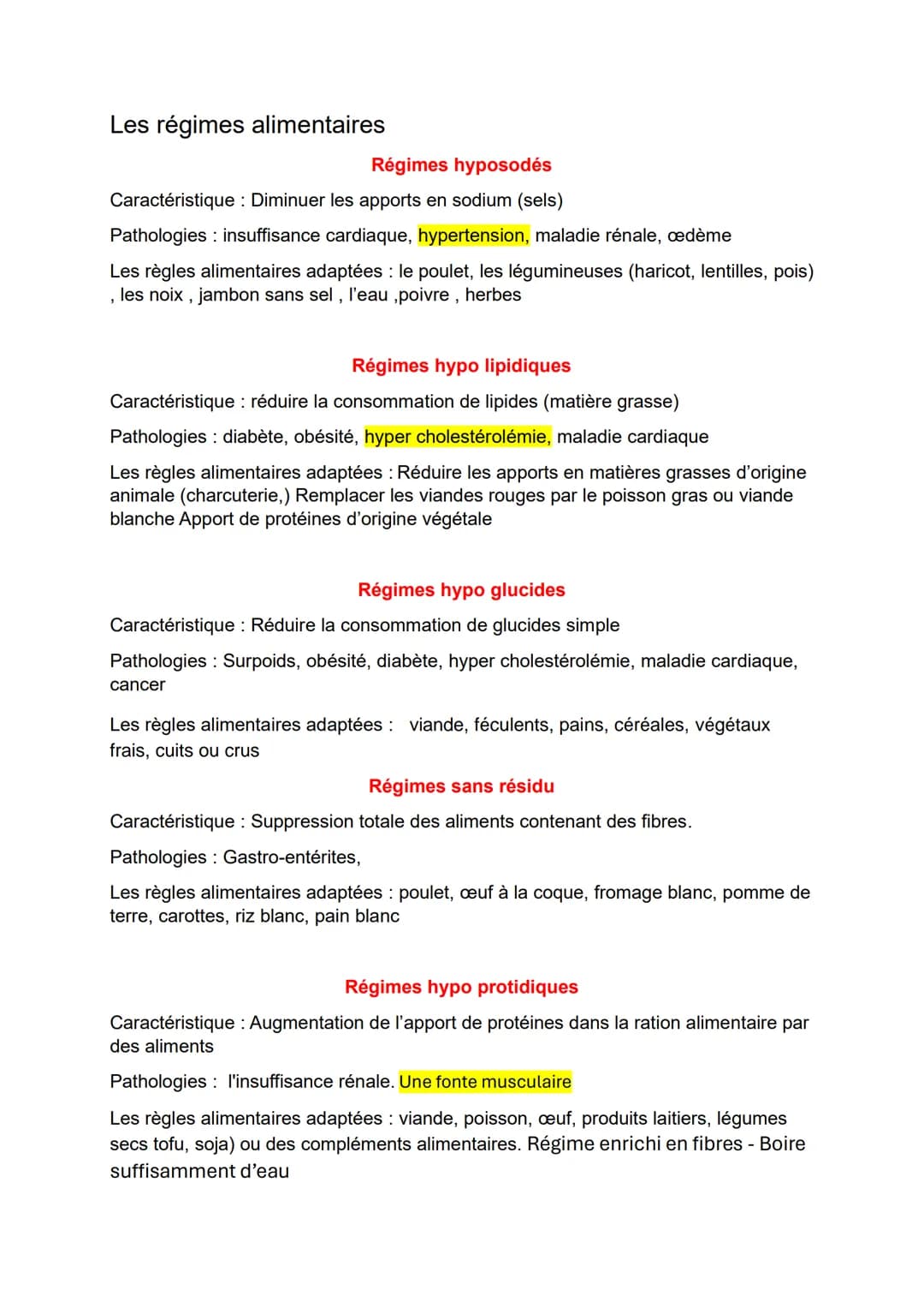 Les régimes alimentaires
Régimes hyposodés
Caractéristique: Diminuer les apports en sodium (sels)
Pathologies insuffisance cardiaque, hypert