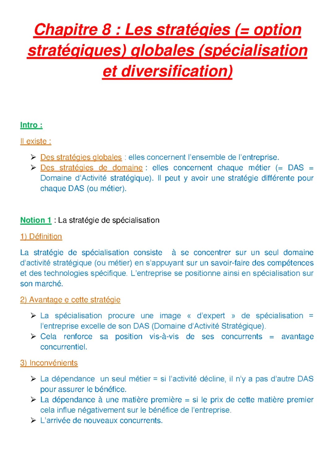 Stratégies de Management : Spécialisation et Diversification