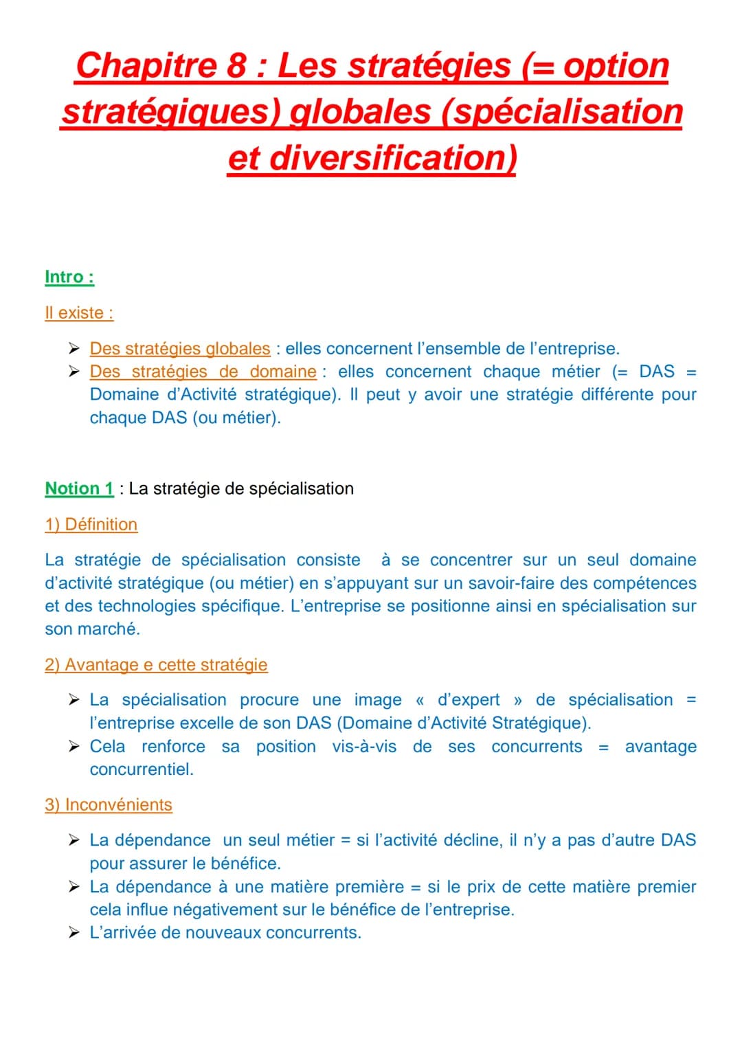 Chapitre 8: Les stratégies (= option
stratégiques) globales (spécialisation
et diversification)
Intro :
Il existe :
► Des stratégies globale