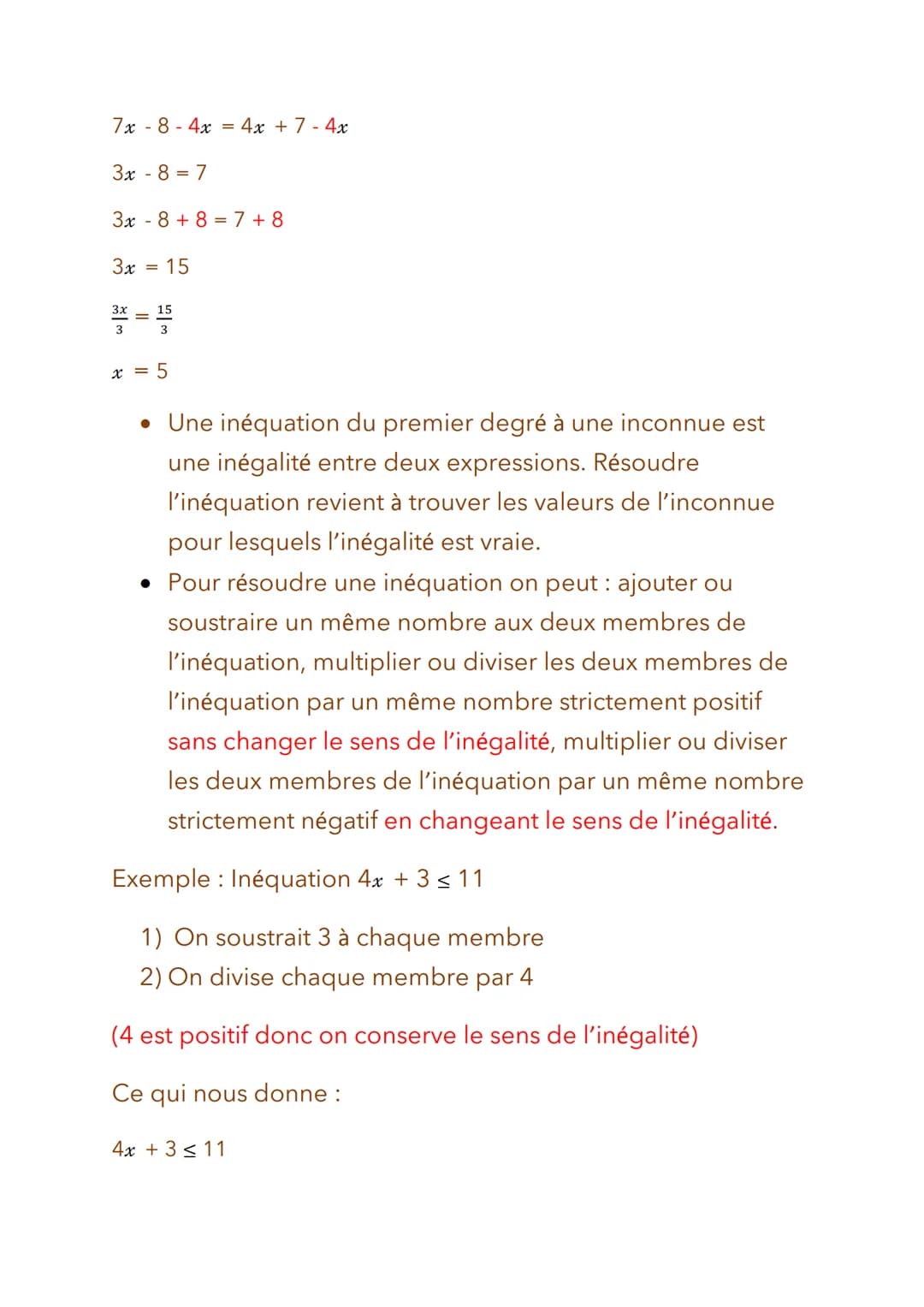 Math - Equation et inéquations du
premier degré
• Pour résoudre une équation du premier degré à une
inconnue, il faut trouver la ou les vale
